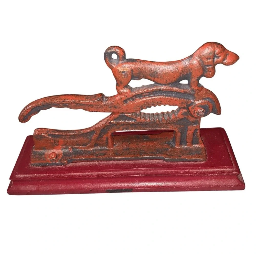Vintage Cast Iron Daschund Nutcracker  With Red Wooden Base  Whimsical 1950s